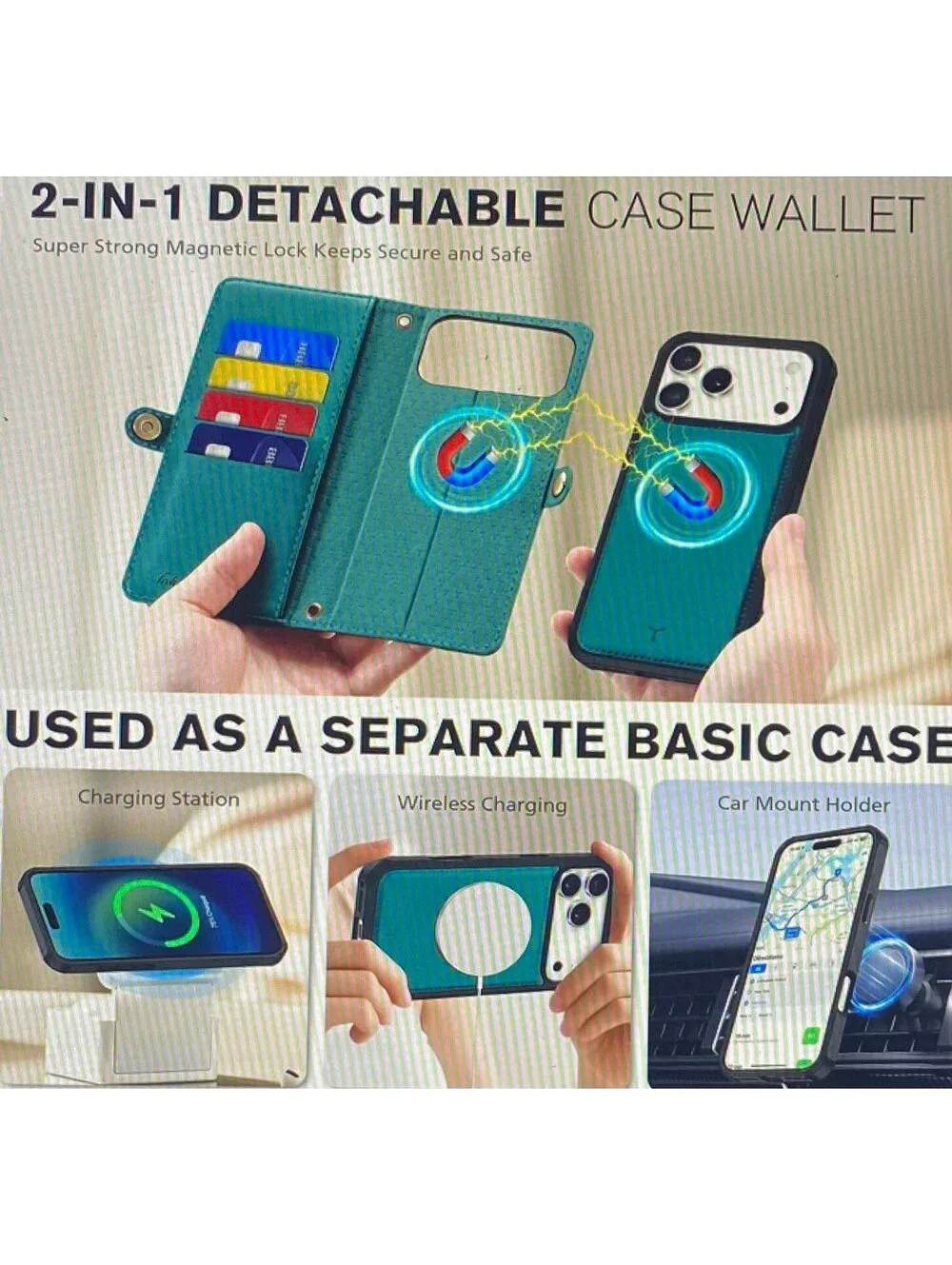 TUCCH Detachable Crossbody Wallet Case for iPhone 17 Pro Max Bluish Green